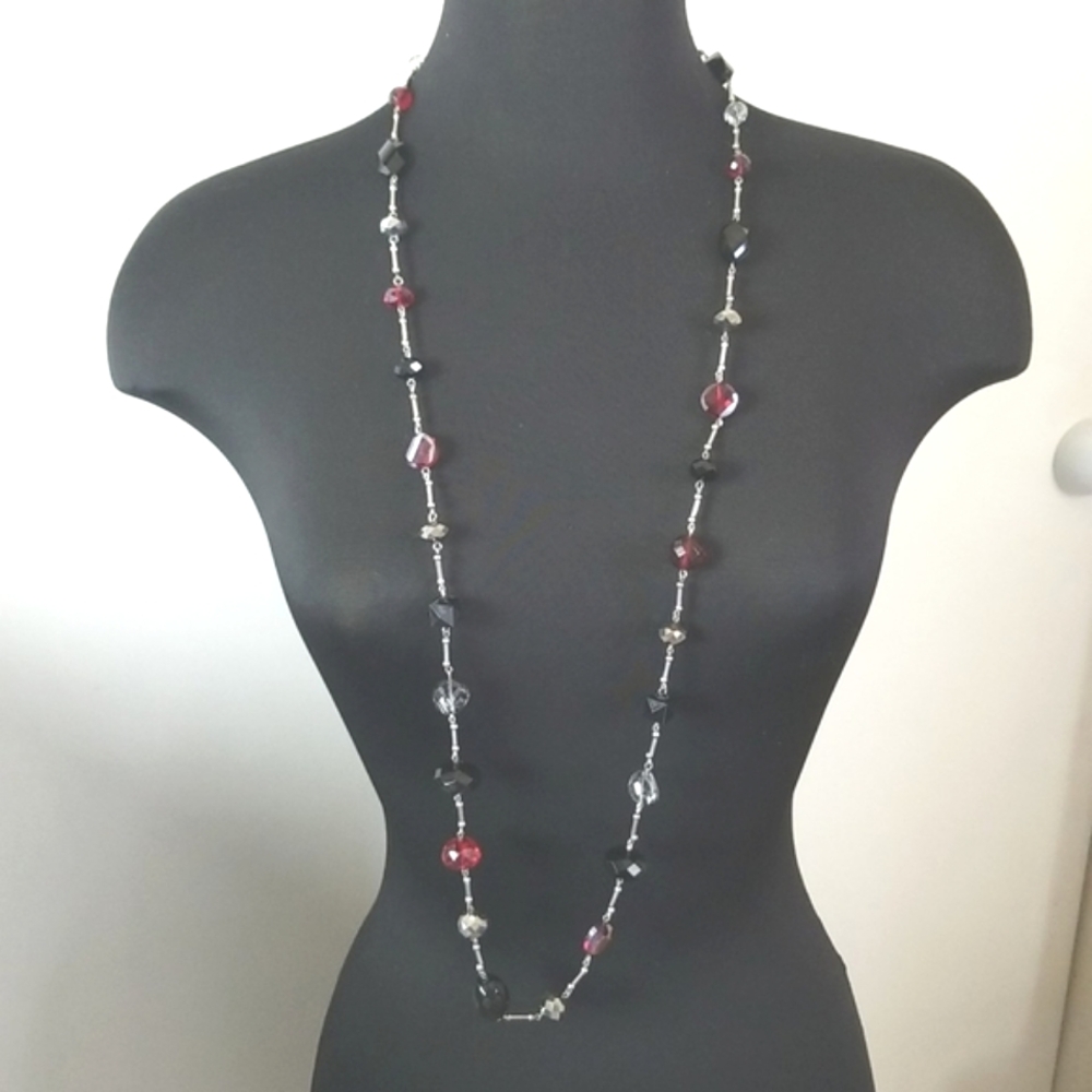 WHBM Silver Black Red Glass Bead Necklace Long
